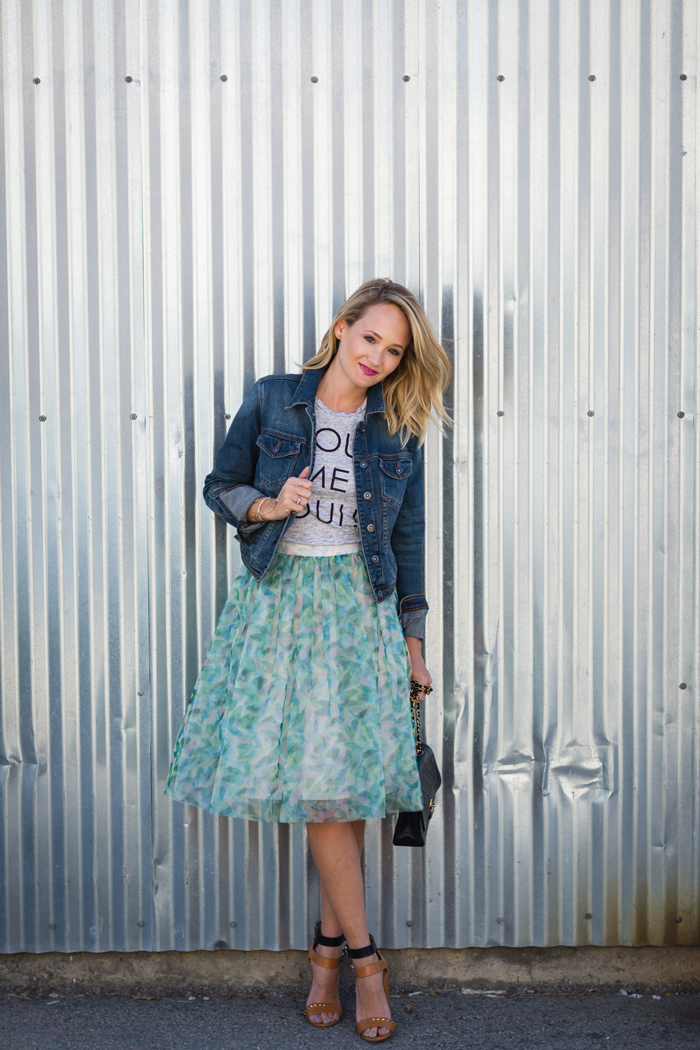 blue jean shirt and tulle skirt