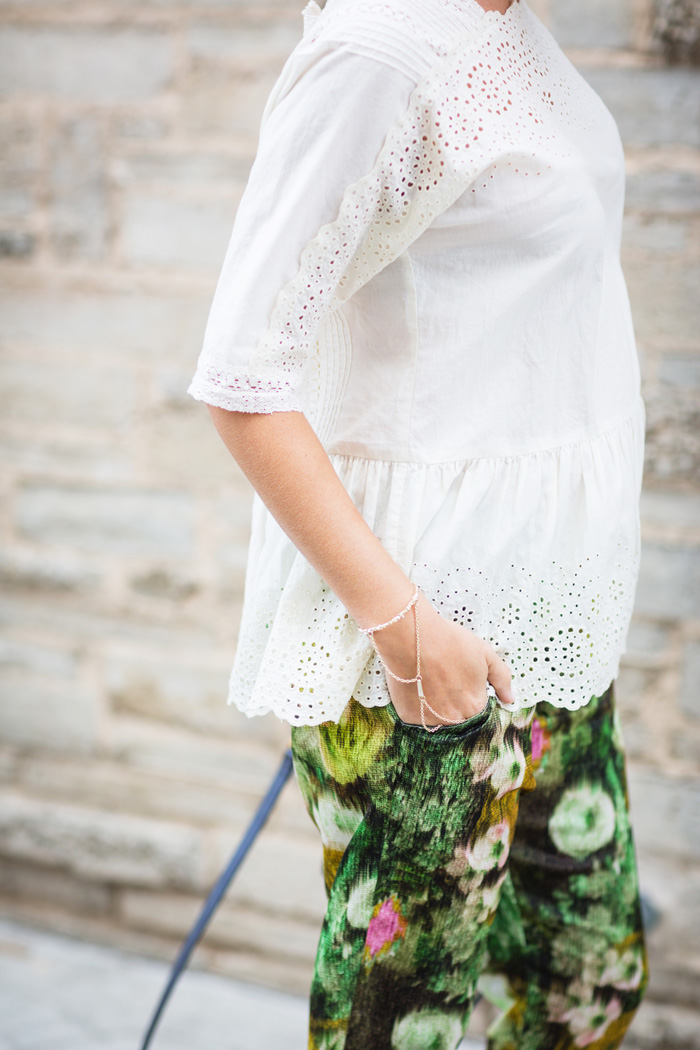 white lace top and printed pants