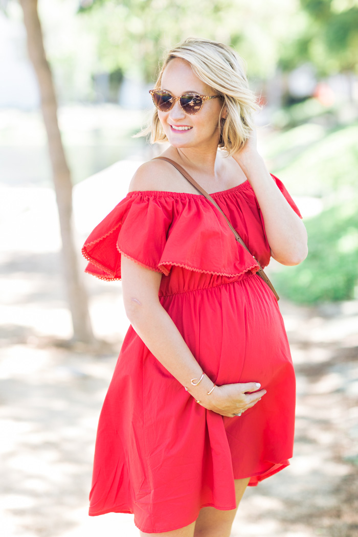 red dress pregnant blogger
