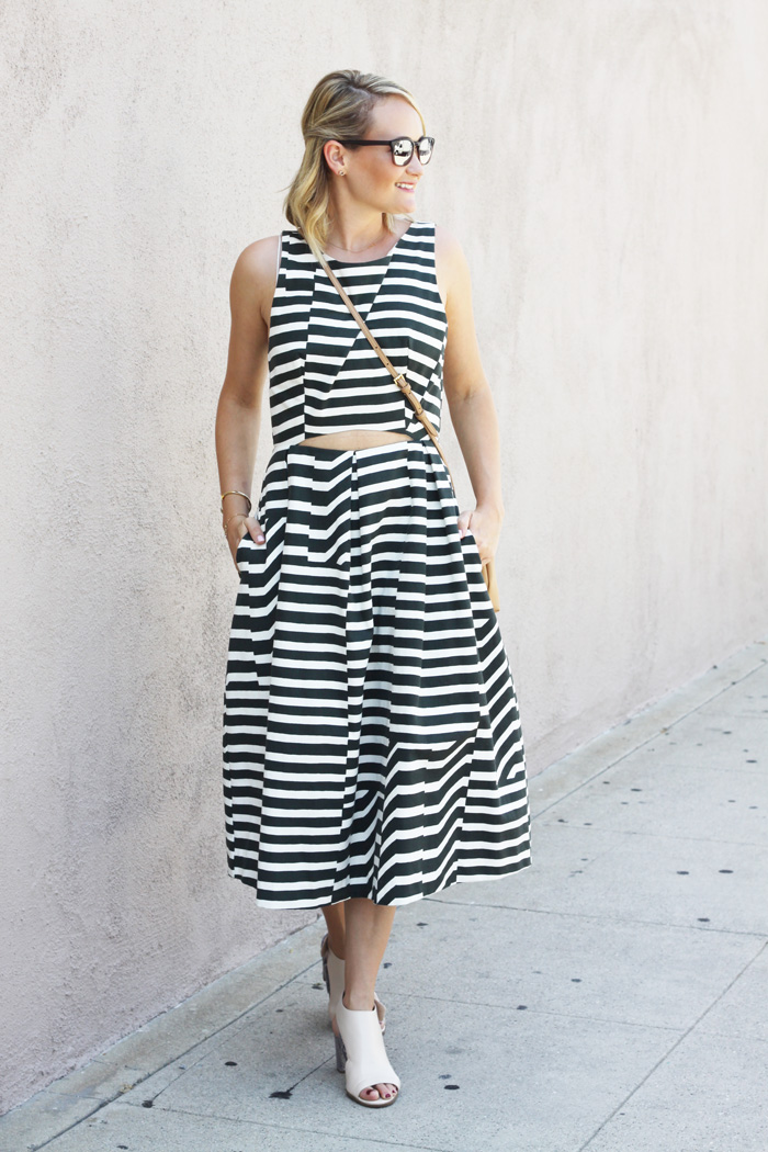 striped fit and flare midi dress