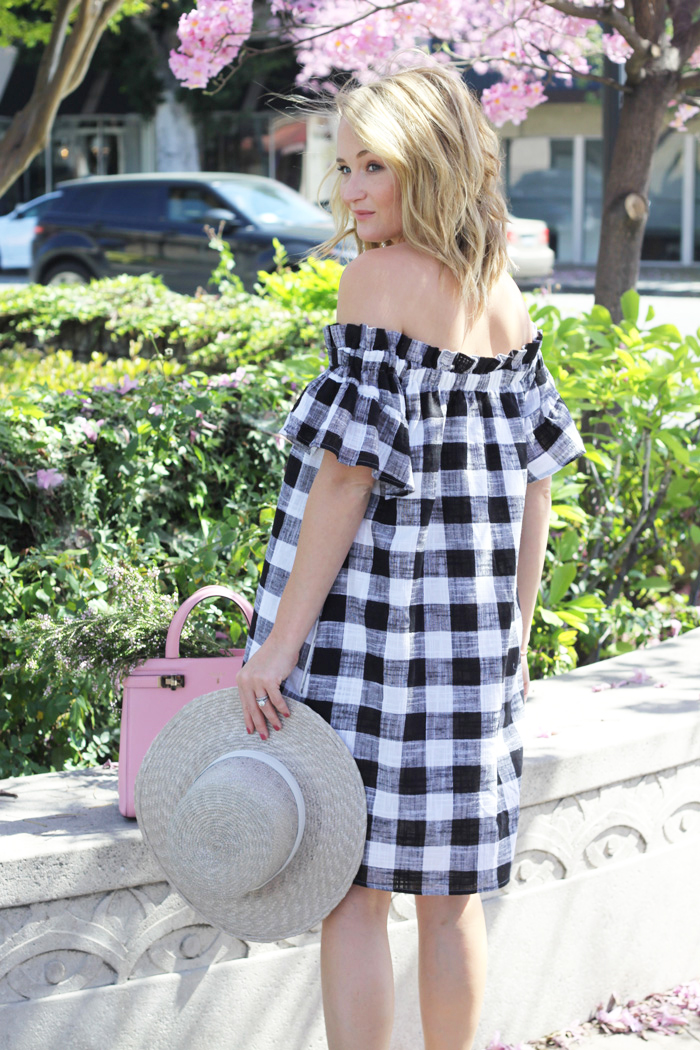 black and white off the shoulder dress