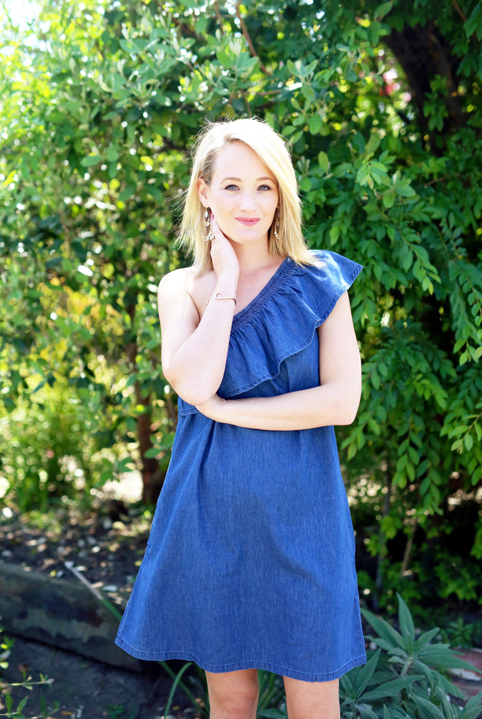 one shoulder chambray dress