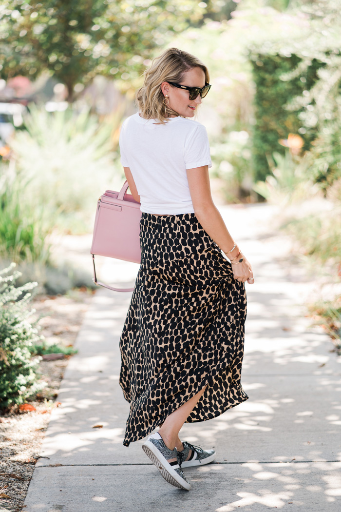 silk maxi skirt and sneakers