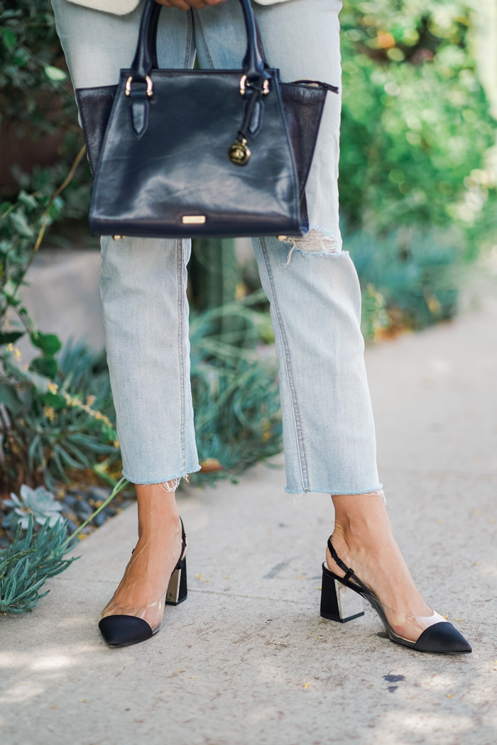 zara plastic and black satin heels