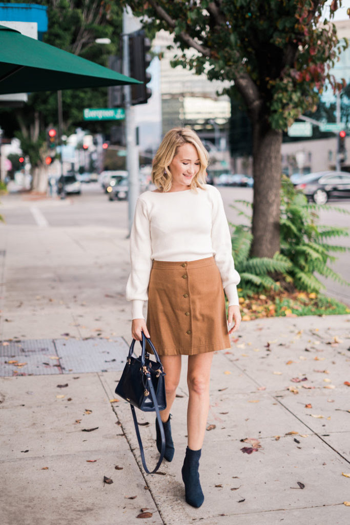 TAN BUTTON FRONT SKIRT AND SWEATER - The Style Editrix