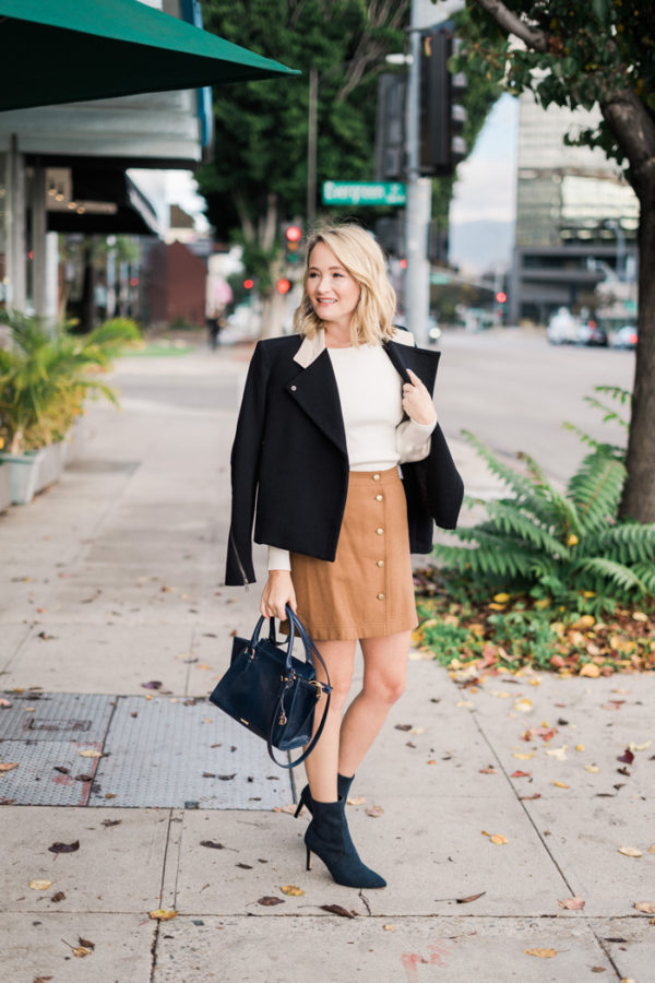 TAN BUTTON FRONT SKIRT AND SWEATER - The Style Editrix