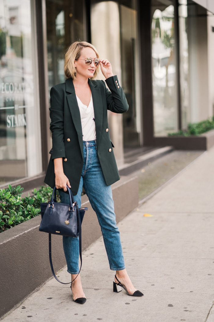 green double breasted blazer